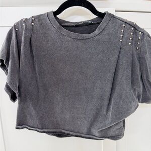 Blue B Collection Washed Crop Pleated Studded Black Tee